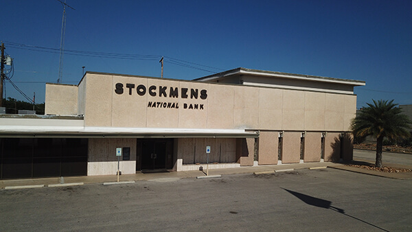 Front of the Stockmens National Bank in Cotulla, Texas.